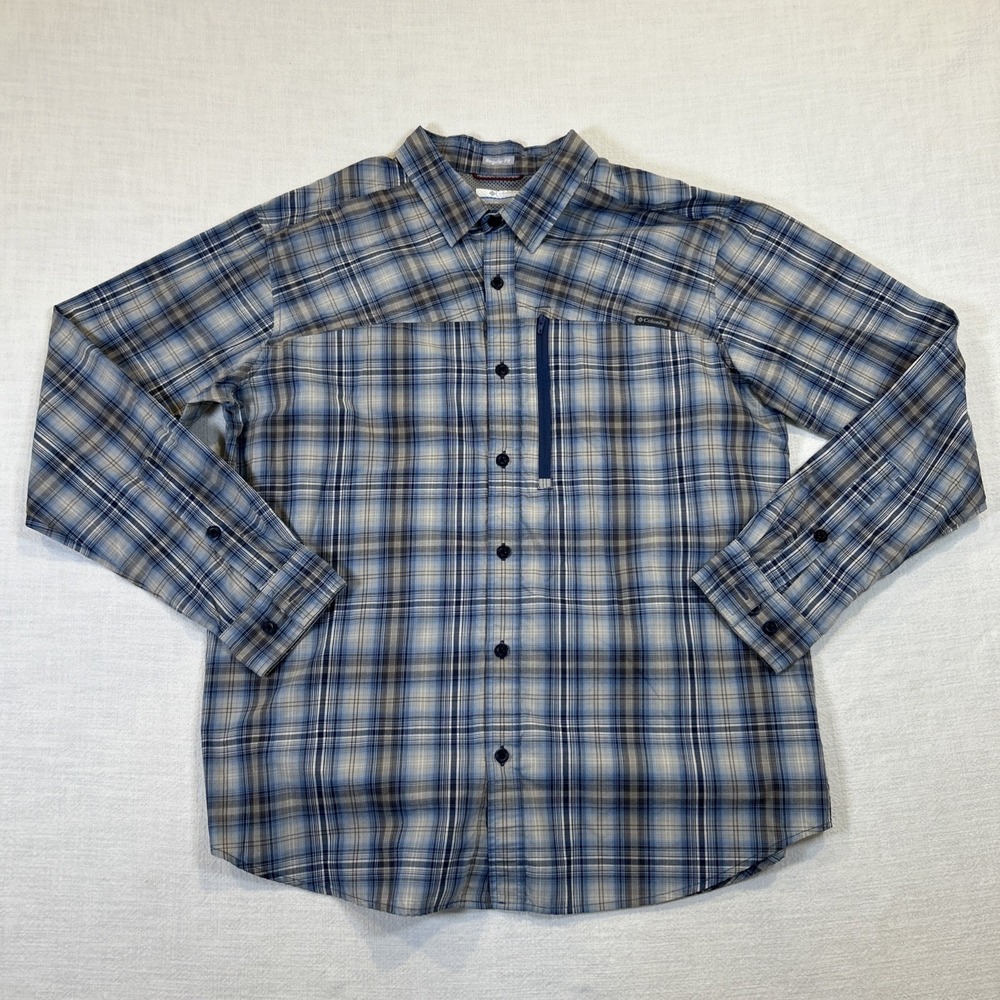 Columbia Shirt Mens Blue Plaid Button Long Sleeve L Zipper Pockets Regular Fit